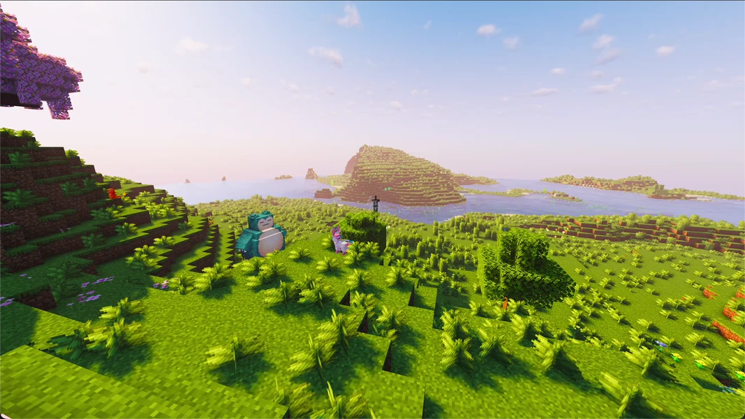 Our own historical COBBLEVERSE capture with Pokémon in the cherry biome; shaders change the appearance