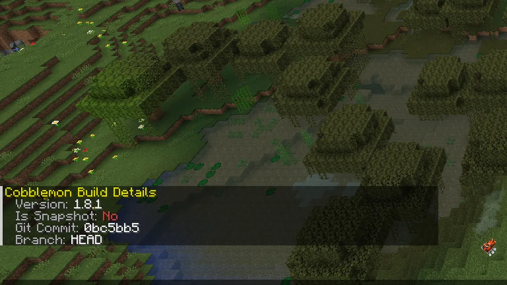 Historical in-game Cobblemon build output showing version 1.8.1 and Git build details, without player names