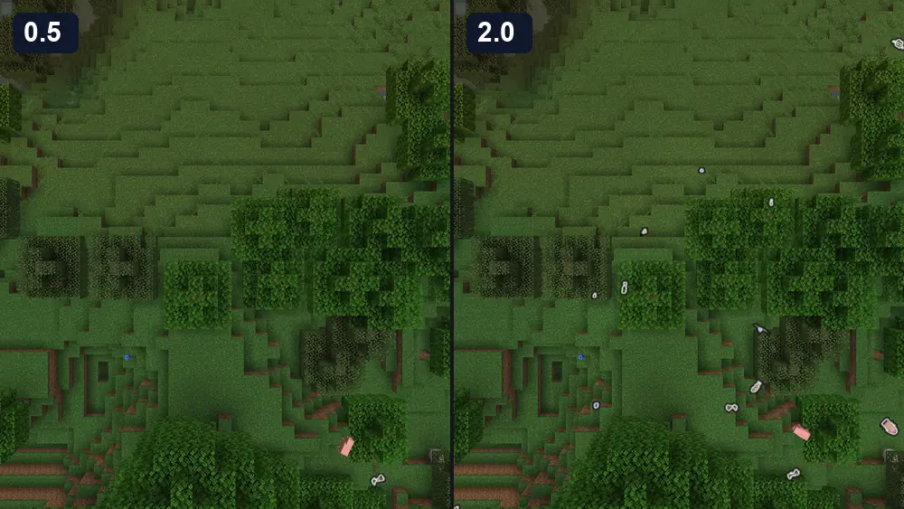 Historical image comparison of the Cobblemon settings 0.5 and 2.0 without player displays