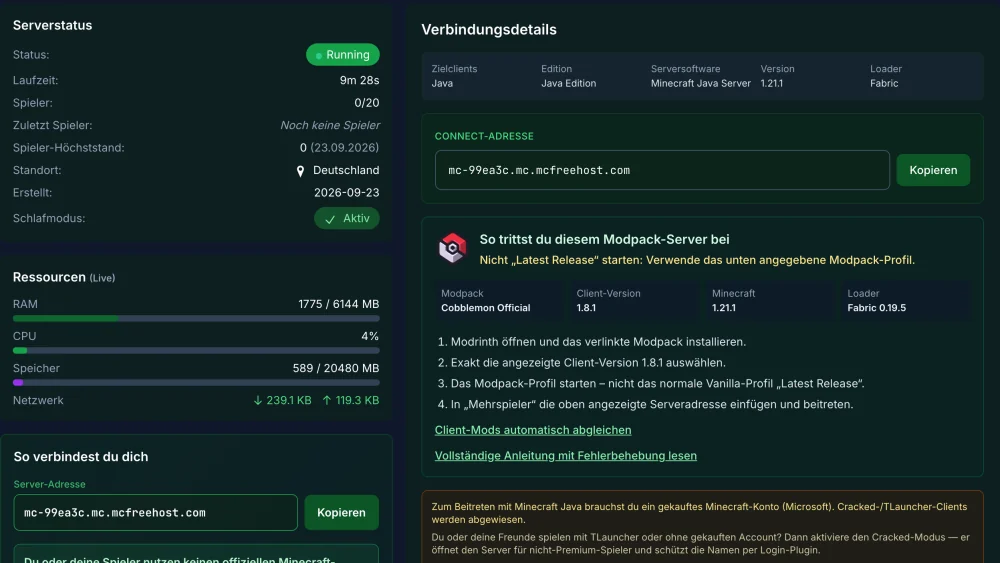Resources and connection details of a Cobblemon Official test server from September 23, 2026