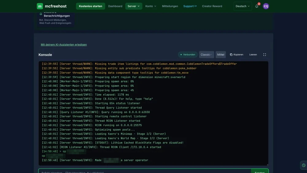 Panel console with an OP command; the player name is covered in the existing image