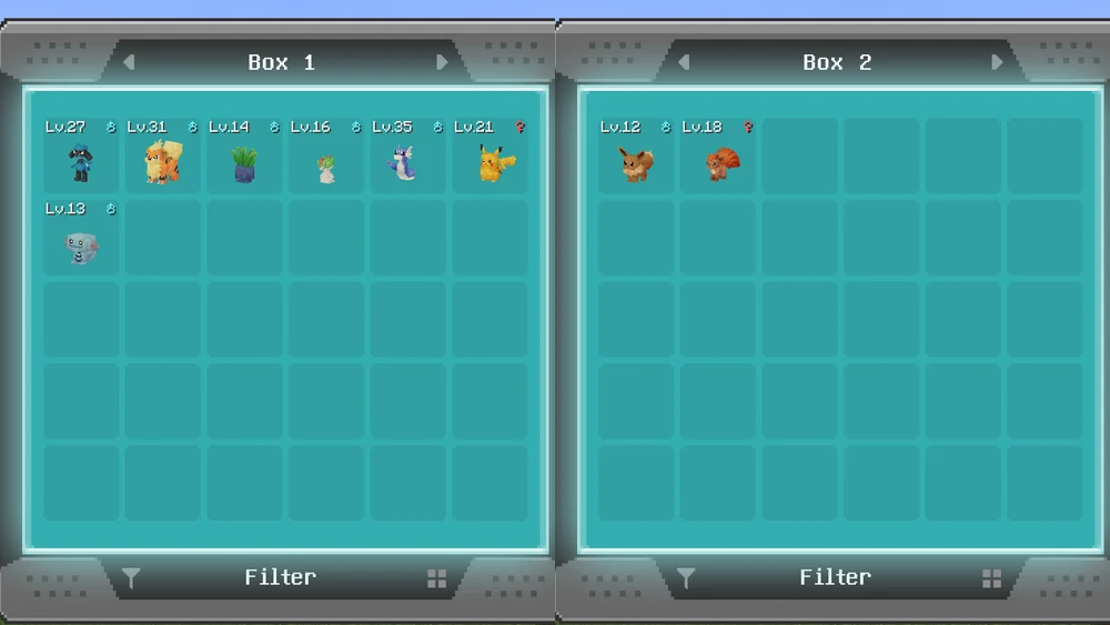 Historical composite view of two Cobblemon PC boxes without player names