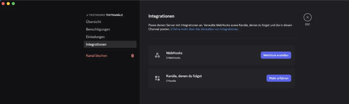 Discord-Kanaleinstellungen, Bereich Integrationen: die Karte WebHooks mit dem Knopf WebHook erstellen