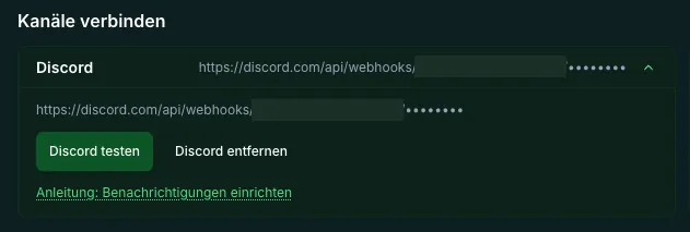 MCF card Connect Channels: shortened Discord address without a readable token, plus Test Discord and Remove Discord