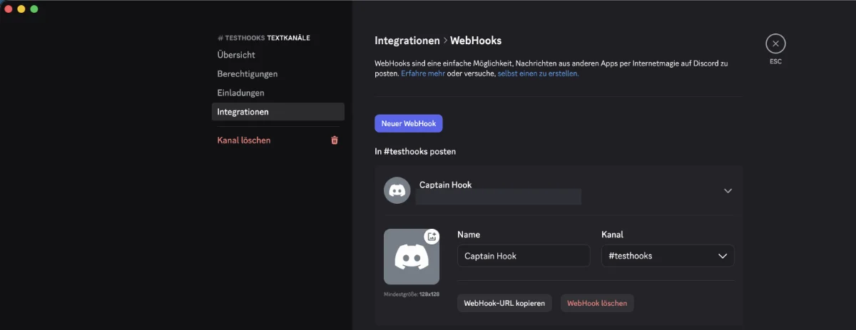 Webhook-Detailansicht in Discord mit den Feldern Name und Kanal sowie dem Knopf WebHook-URL kopieren