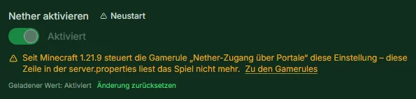 Feld Nether aktivieren in der Konfiguration, gesperrt mit dem Hinweis auf die Gamerule seit Minecraft 1.21.9