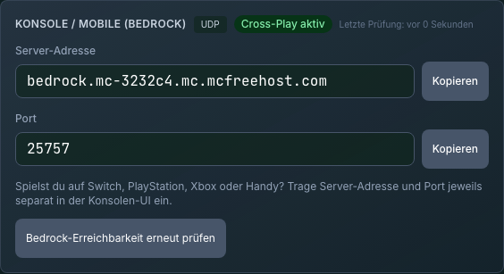 Beispiel eines Verbindungsbereichs mit getrennten Feldern für Server-Adresse und Bedrock-Port