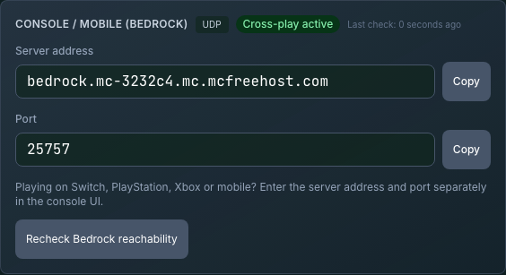 Example connection section with separate server address and Bedrock port fields