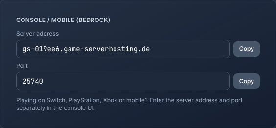 Example connection section with separate server address and Bedrock port fields