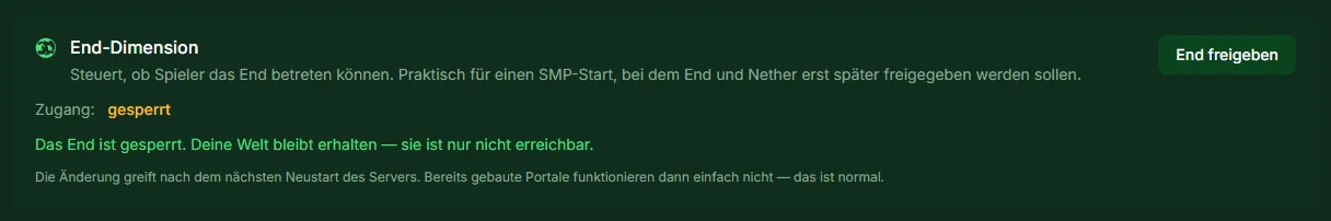 Block End-Dimension mit Zugang gesperrt und dem Hinweis, dass die Änderung nach dem nächsten Neustart greift