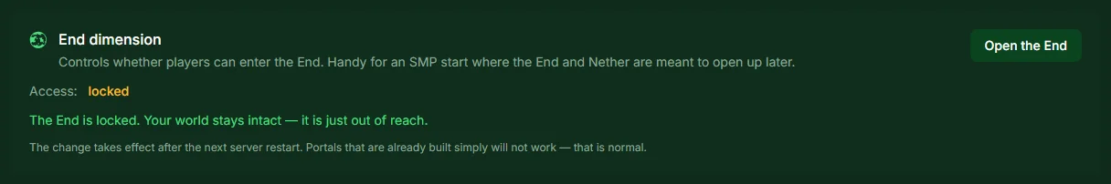 End dimension block with access locked and the notice that the change takes effect after the next restart