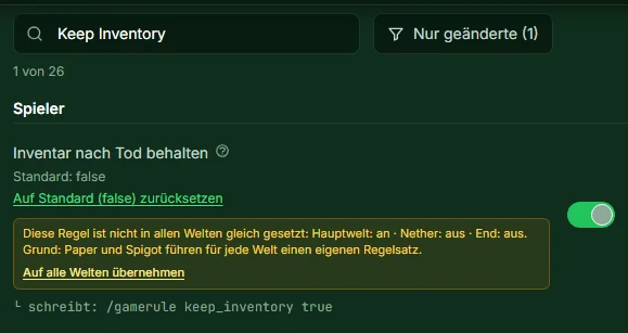 Gamerule Inventar nach Tod behalten mit dem Hinweis, dass sie nur in der Hauptwelt an ist, und dem Link Auf alle Welten übernehmen