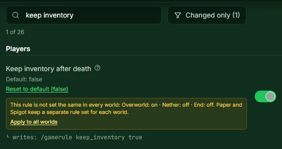 Gamerule Keep inventory after death with the notice that it is only on in the main world, and the link Apply to all worlds