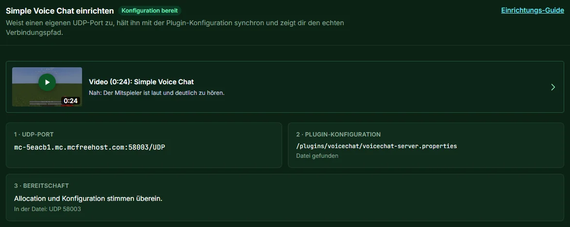 Bereich Simple Voice Chat einrichten mit Konfiguration bereit, UDP-Port, gefundener Plugin-Datei und Bereitschaft