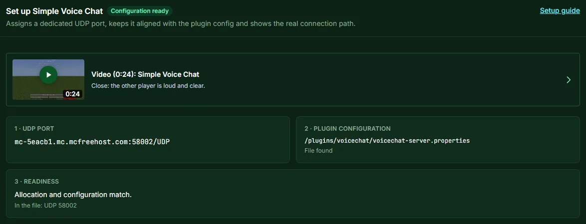 Set up Simple Voice Chat section showing Configuration ready, UDP port, found plugin file and readiness
