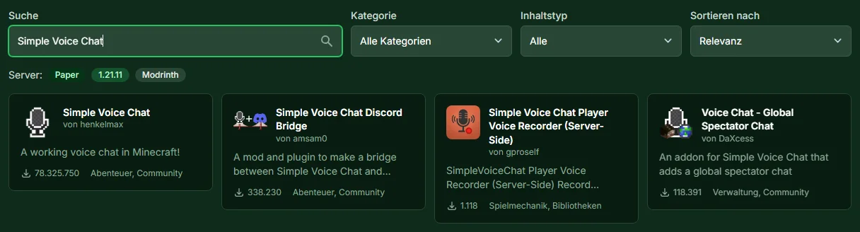 Plugin-Suche im Panel: Suchbegriff Simple Voice Chat, der erste Treffer ist Simple Voice Chat von henkelmax