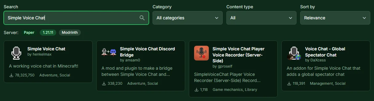Plugin search in the panel: search term Simple Voice Chat, the first result is Simple Voice Chat by henkelmax
