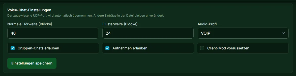 Voice-Chat-Einstellungen im Panel: Hörweite 48, Flüsterweite 24, Audio-Profil VOIP, Gruppen-Chats und Aufnahmen erlaubt