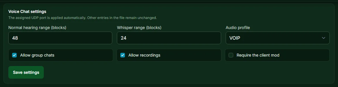 Voice Chat settings in the panel: hearing range 48, whisper range 24, audio profile VOIP, group chats and recordings allowed