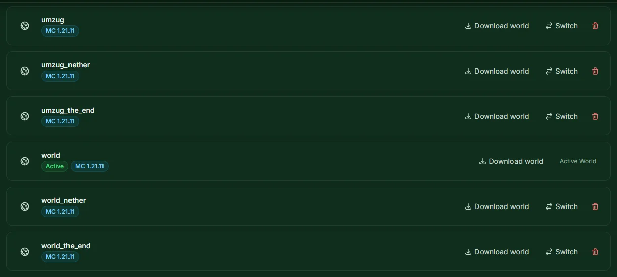 Worlds list with the uploaded worlds umzug, umzug_nether and umzug_the_end above the new server's worlds