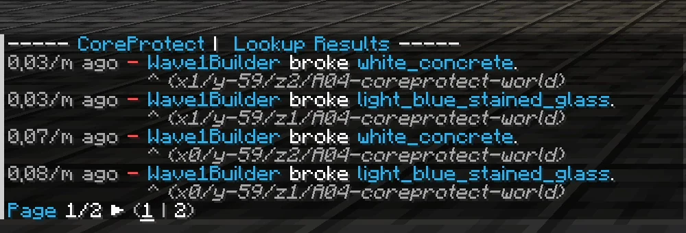 CoreProtect-Lookup: Zeit, Spieler, Aktion und Block je Eintrag