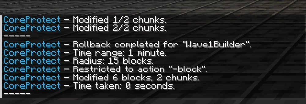 Rollback completed: six blocks in two chunks restored
