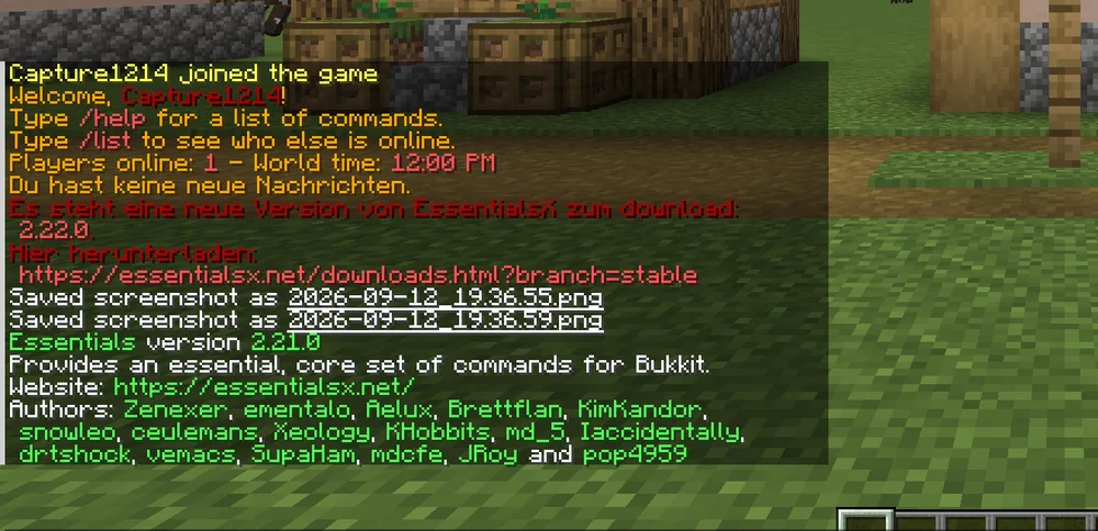 EssentialsX join message with a notice about a newer version