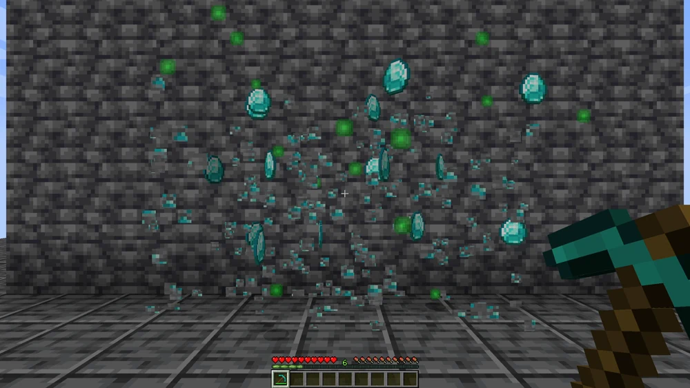 Der Abbau eines Blocks lässt die gesamte Ader gleichzeitig zerbrechen, die Diamanten fliegen aus der Wand