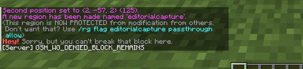WorldGuard chat output: region created, protection active, break denied