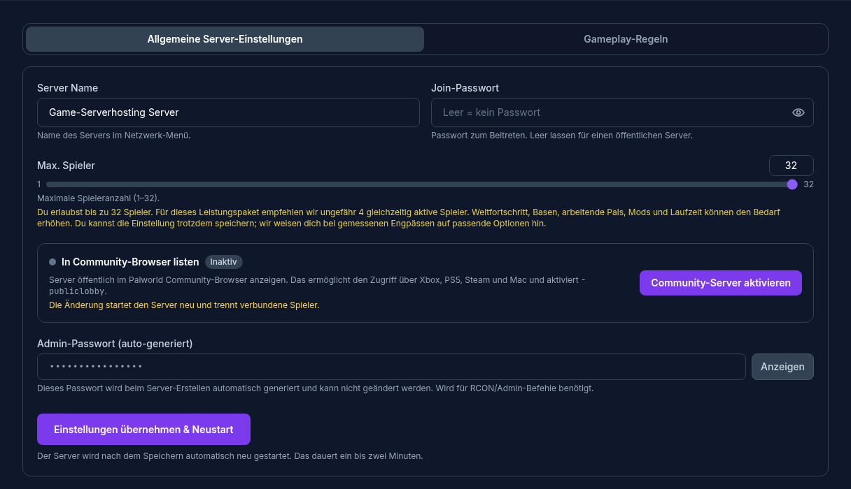 Palworld-Einstellungen im Kundenpanel mit Servername, Passwort, Spielerlimit und Community-Listung