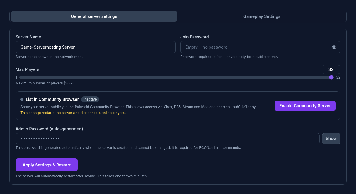 Palworld customer panel with server name, password, player limit and community listing