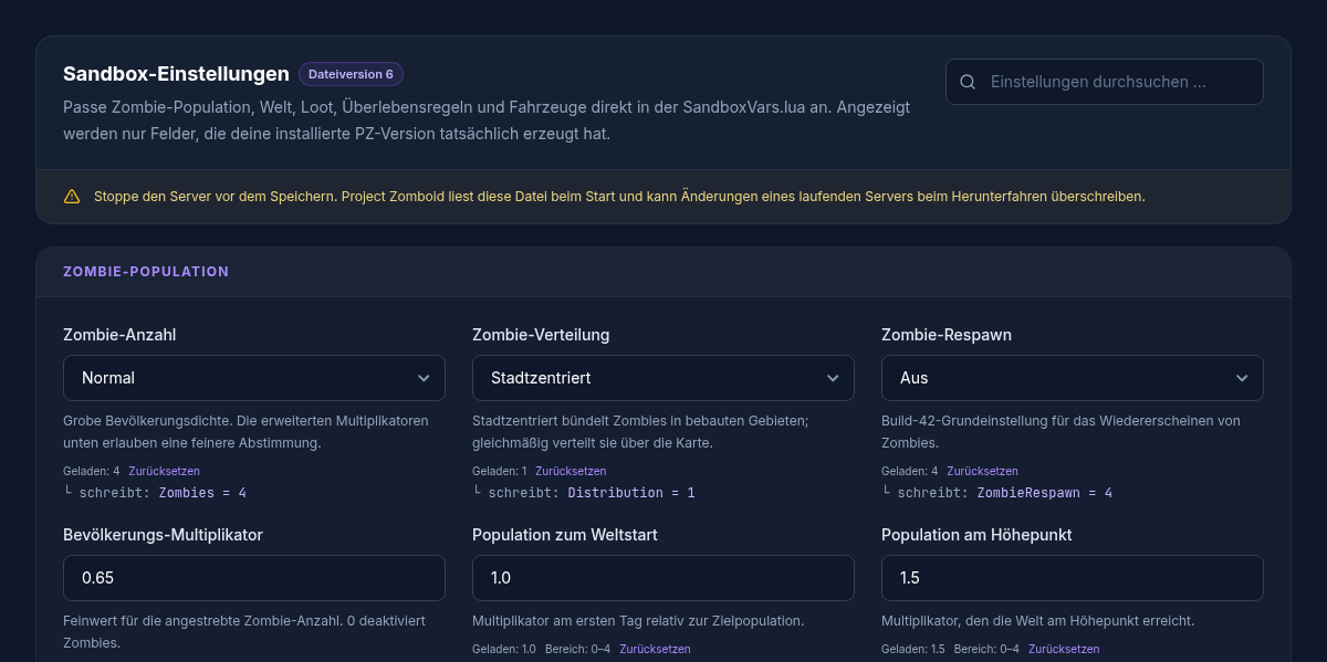 Project-Zomboid-Sandbox-Editor mit Zombie-Population und Verteilung