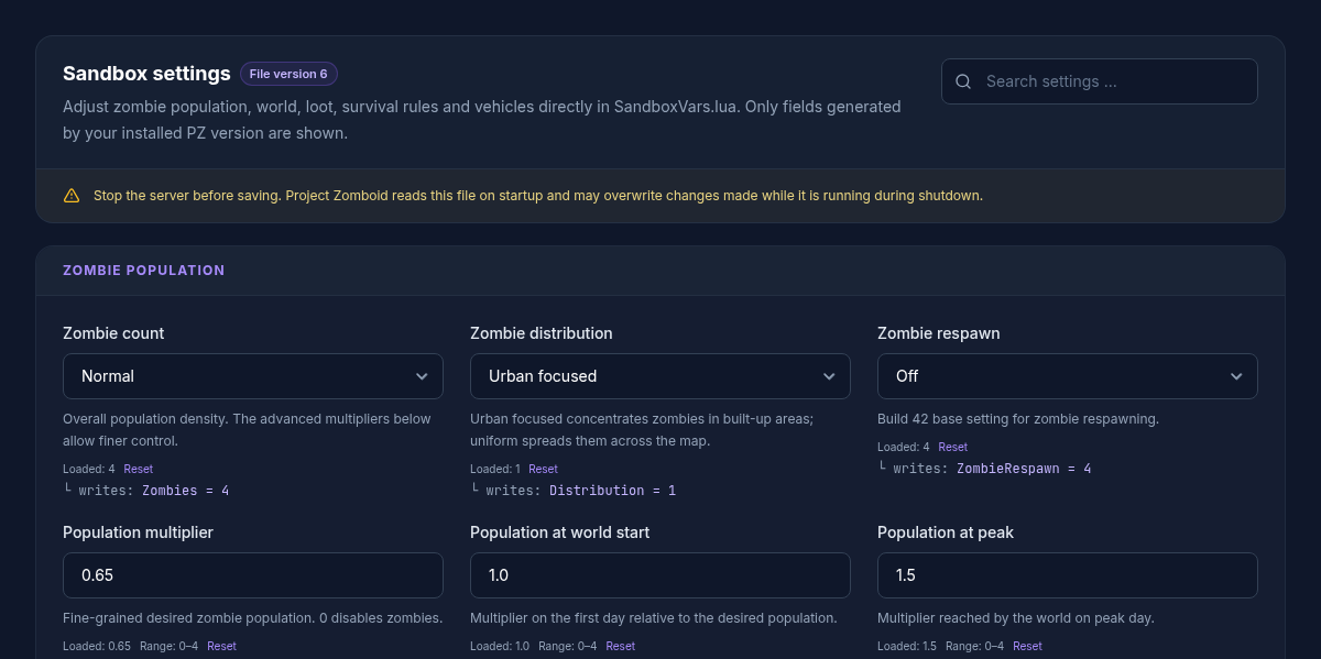 Project Zomboid sandbox editor showing zombie population and distribution
