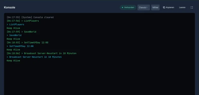 ARK-Control-Panel mit Konsole in der mcfreehost Landingpage