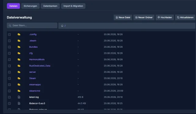 Rust file manager showing server folders and upload controls