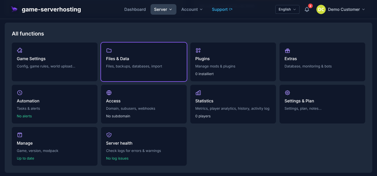 Satisfactory server panel with file management, settings and mods