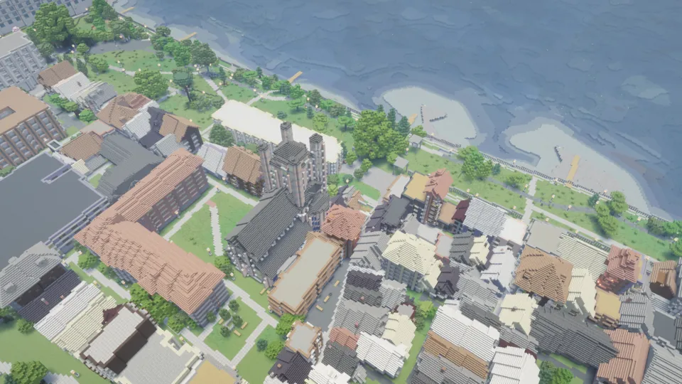 Aerial view of a GeoWorld world in Minecraft: Cologne's old town with Great St. Martin, the riverbank and the Rhine