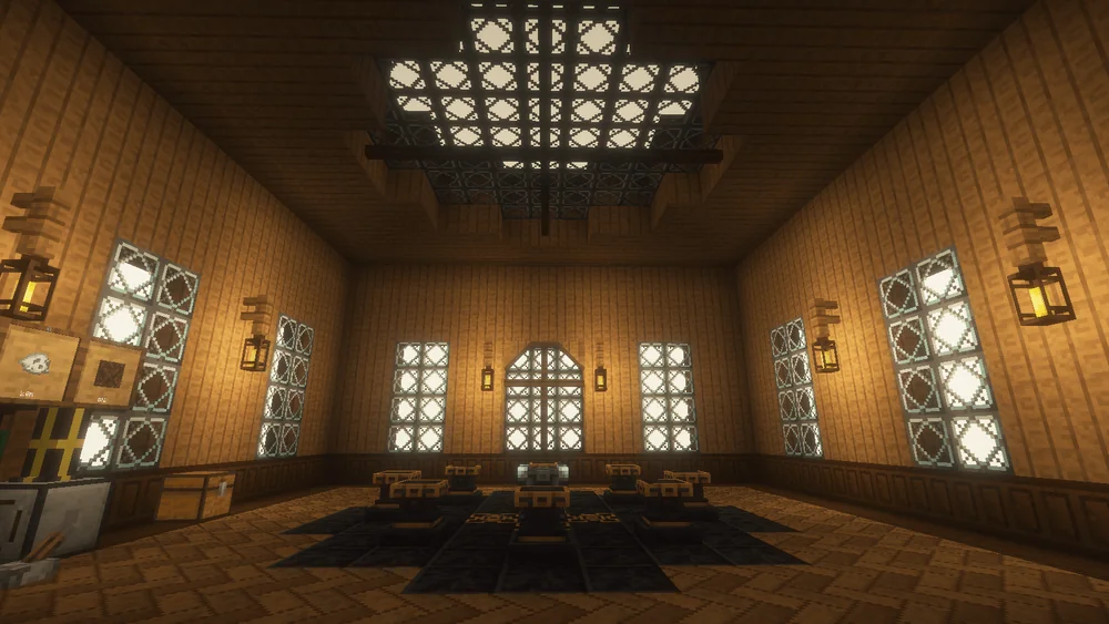 Banquet hall under a chandelier