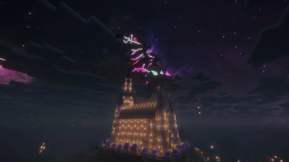 The Ender Dragon circles above the cathedral