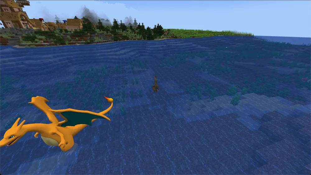 The same Charizard close up in flight over the water