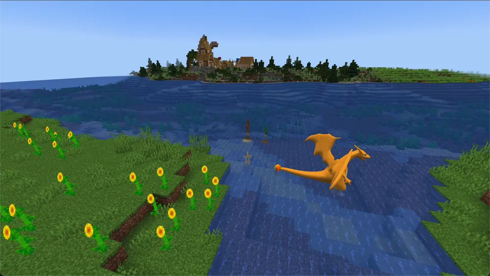 A flying Charizard over a river with sunflowers, village on the horizon